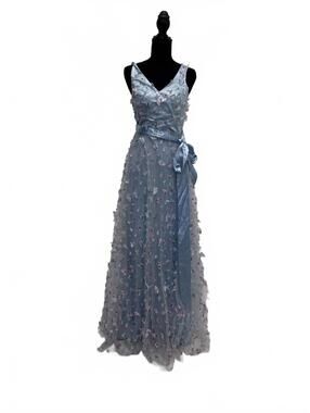 Elegant Light Blue Butterfly Appliqué Maxi Dress with Satin Waist Tie